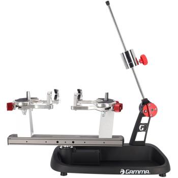 Side view of the Gamma Momentum 6 stringing machine with 6-point mounting and drop-weight tensioning system